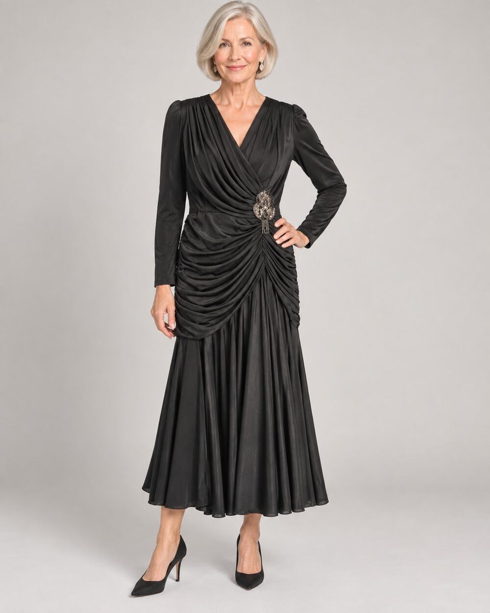 Vintage 1980s David Rose Black Ruched Rhinestone Evening Dress Size 12 USA